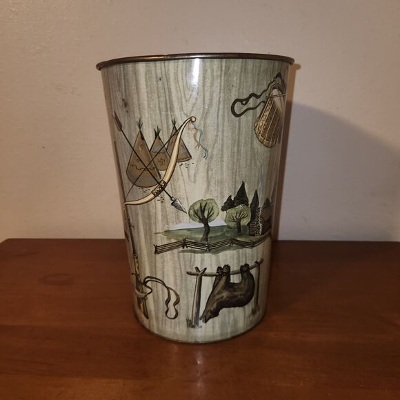Davy Crockett Vintage 1956 Metal Trash Can 11.5" H x 11" L x 7" W - Picture 3 of 12